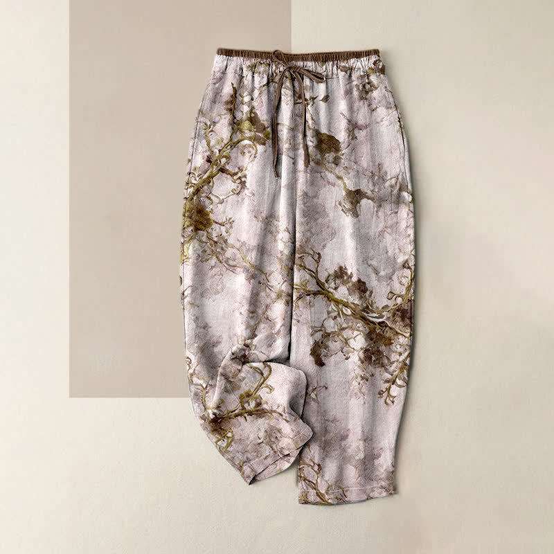 Nimara Ritual Print Branches Floral Elements Women's Pure Cotton Pants With Pockets