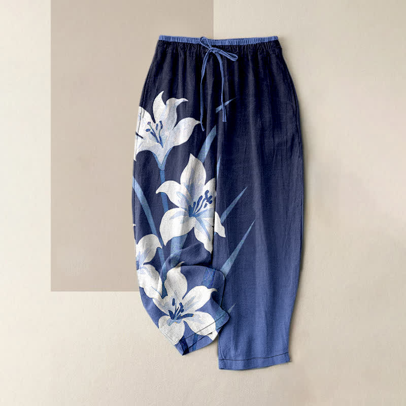 Nimara Ritual Pure Cotton Lily Print Elastic Waist Drawstring Women's Pants With Pockets