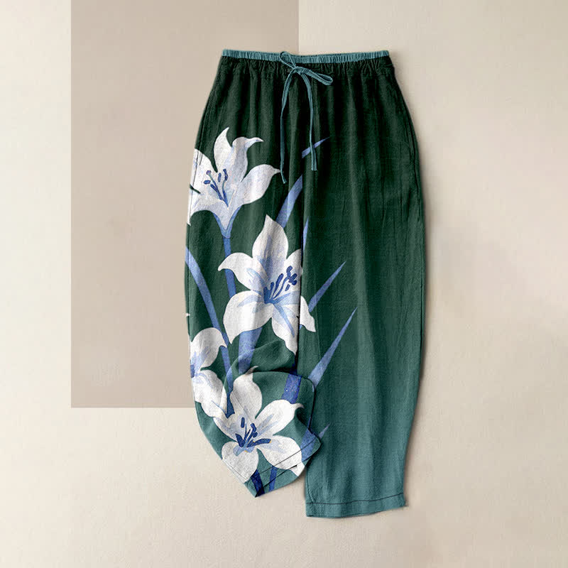 Nimara Ritual Pure Cotton Lily Print Elastic Waist Drawstring Women's Pants With Pockets