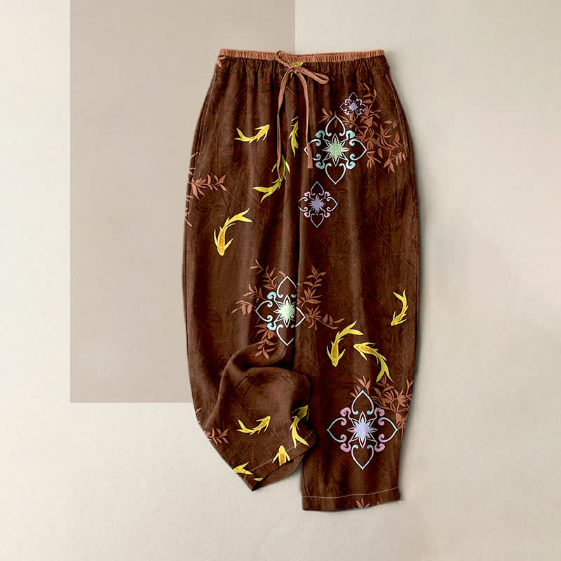 Nimara Ritual Koi Fish Print Geometric Pattern Cotton Drawstring Women's Pants With Pockets