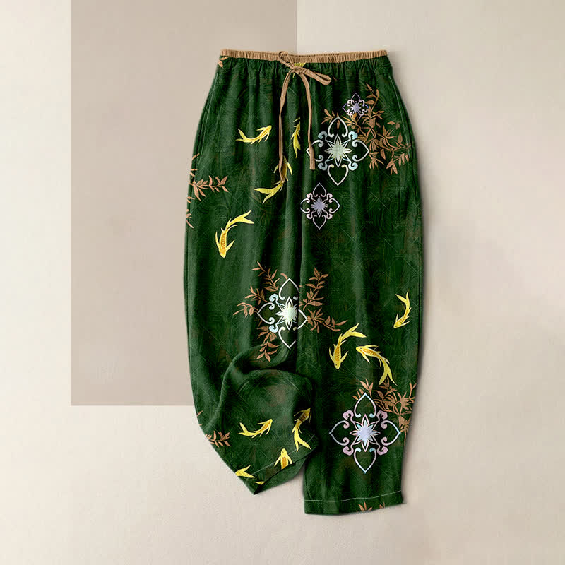 Nimara Ritual Koi Fish Print Geometric Pattern Cotton Drawstring Women's Pants With Pockets