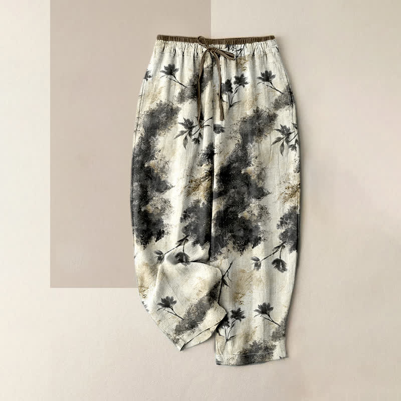Nimara Ritual Ink Wash Painting Floral Elastic Drawstring Women's Pure Cotton Pants With Pockets