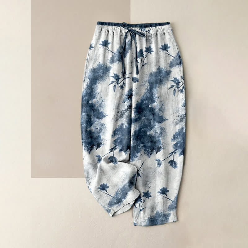 Nimara Ritual Ink Wash Painting Floral Elastic Drawstring Women's Pure Cotton Pants With Pockets