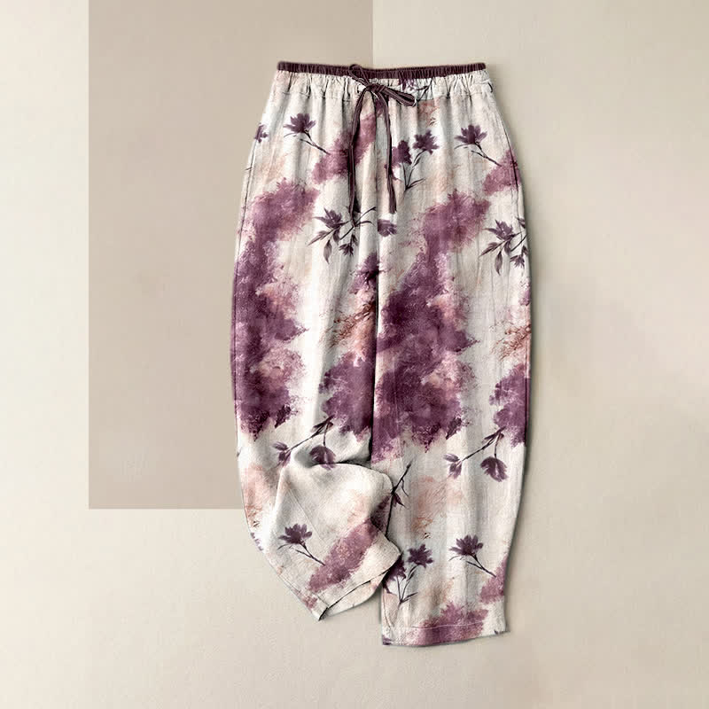 Nimara Ritual Ink Wash Painting Floral Elastic Drawstring Women's Pure Cotton Pants With Pockets