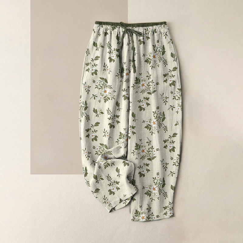 Nimara Ritual Pure Cotton Ditsy Floral Elastic Waist Women's Pants With Pockets