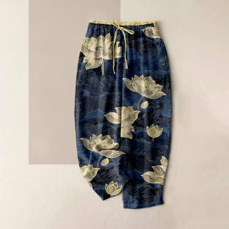 Nimara Ritual Lotus Pattern Pure Cotton Elastic Waist Women's Pants With Pockets