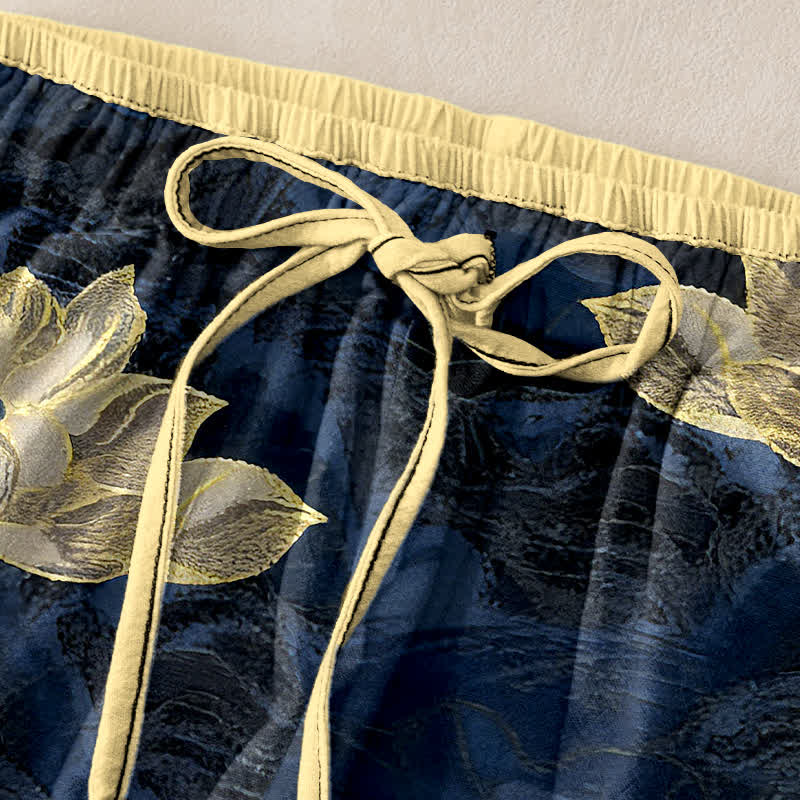 Nimara Ritual Lotus Pattern Pure Cotton Elastic Waist Women's Pants With Pockets