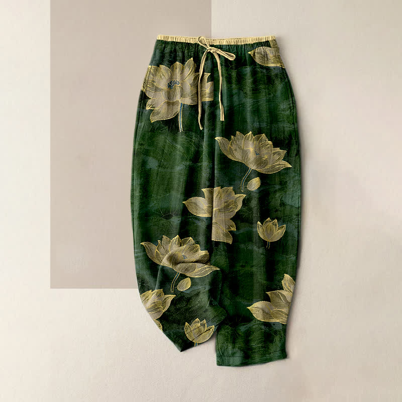 Nimara Ritual Lotus Pattern Pure Cotton Elastic Waist Women's Pants With Pockets