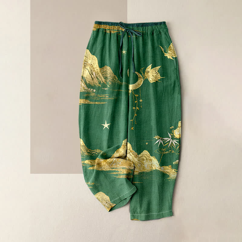 Nimara Ritual Cotton Mountain Moon Butterfly Pattern Elastic Waist Women's Pants With Pockets