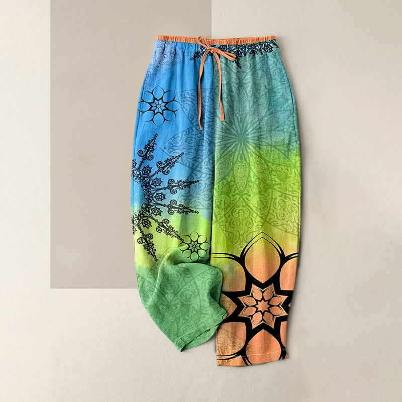 Nimara Ritual Cotton Print Gradient Mandala Elastic Waist Women's Pants With Pockets