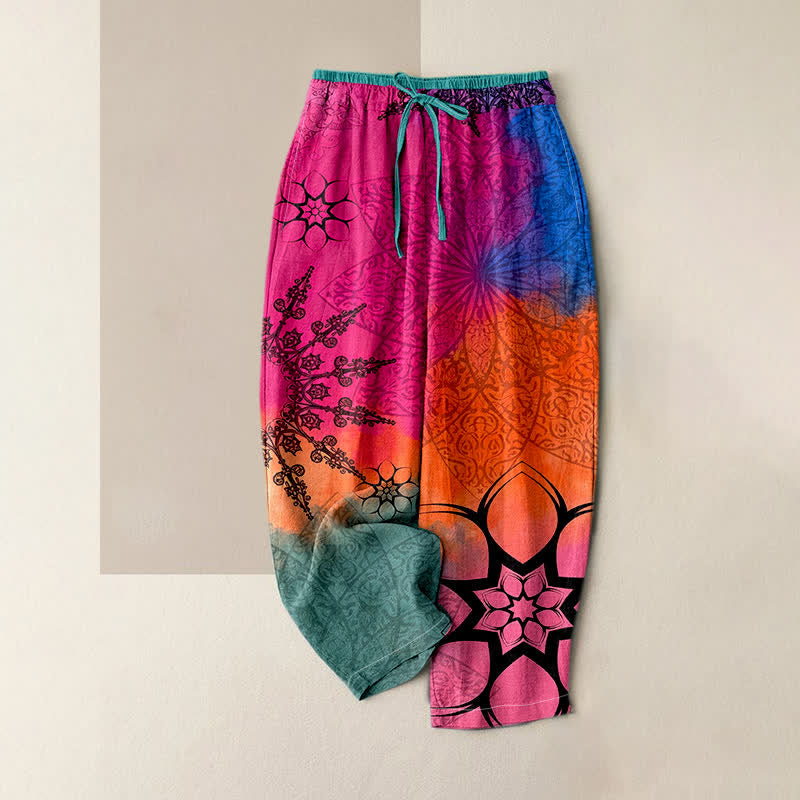 Nimara Ritual Cotton Print Gradient Mandala Elastic Waist Women's Pants With Pockets