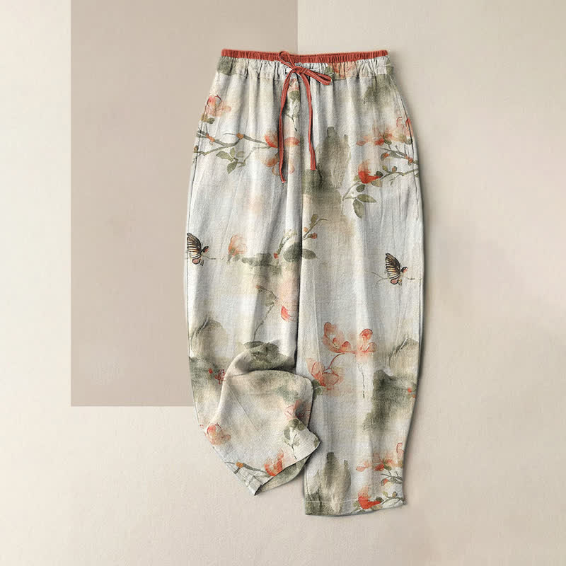 Nimara Ritual Pure Cotton Butterfly Flowers Pattern Print Women's Pants With Pockets