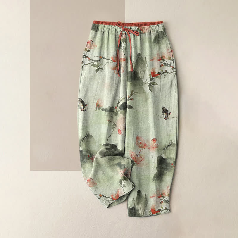 Nimara Ritual Pure Cotton Butterfly Flowers Pattern Print Women's Pants With Pockets