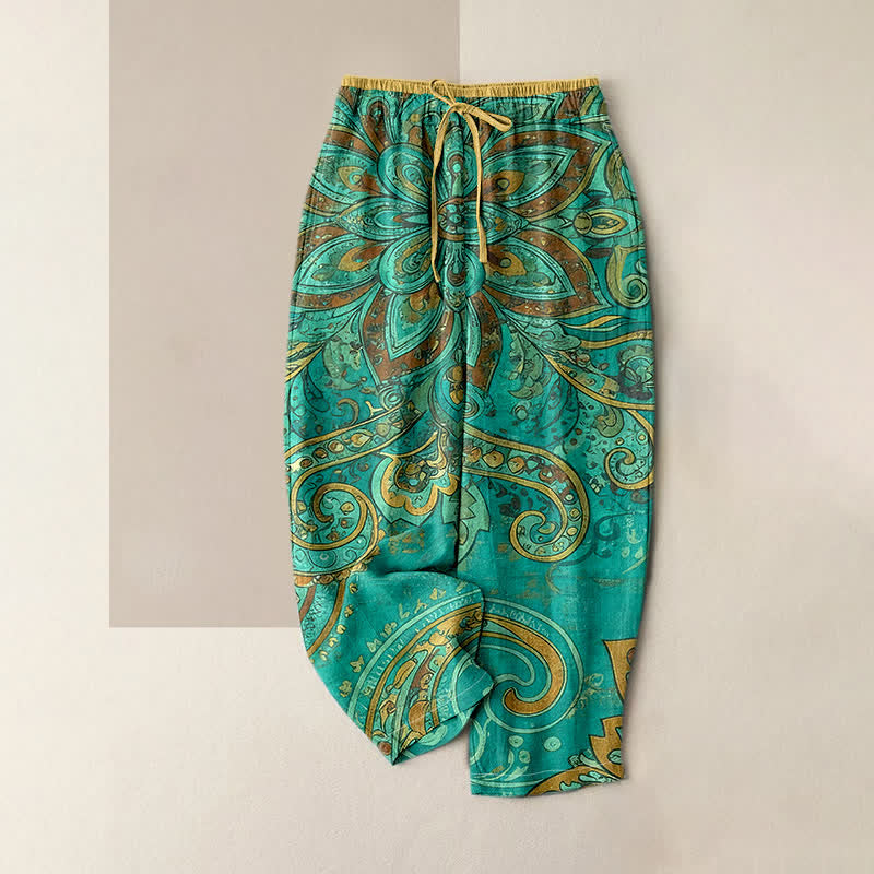 Nimara Ritual Cotton Paisley Mandala Pattern Elastic Waist Women's Pants With Pockets