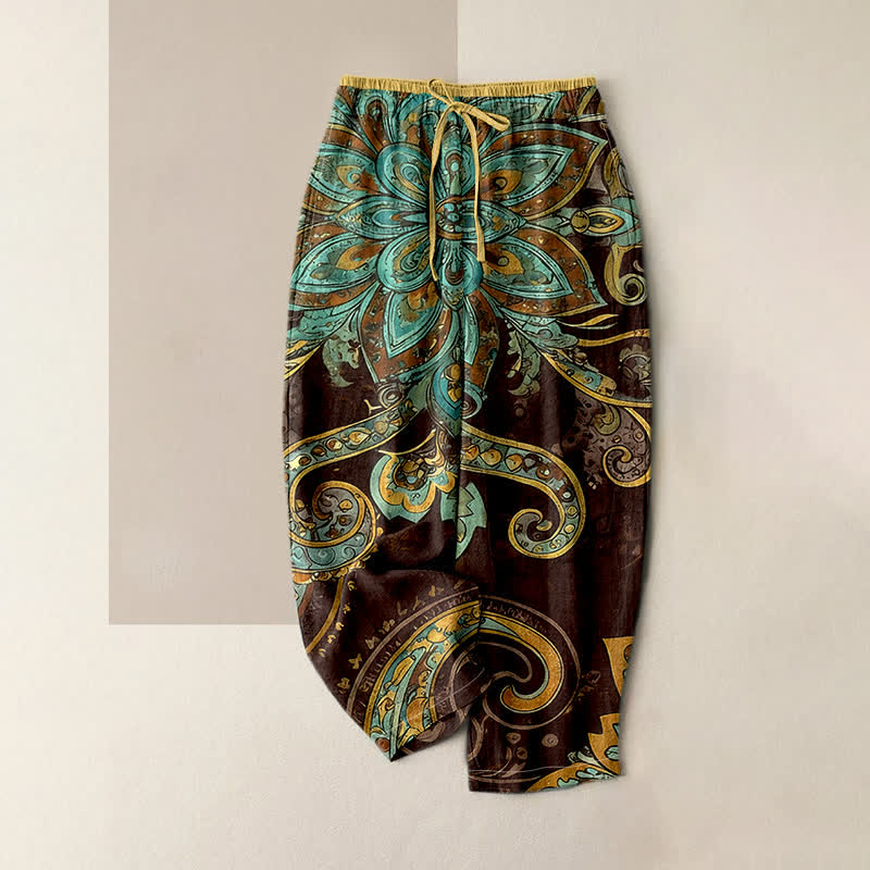 Nimara Ritual Cotton Paisley Mandala Pattern Elastic Waist Women's Pants With Pockets