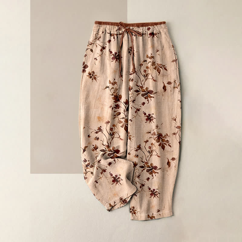 Nimara Ritual Pure Cotton Retro Branch Flowers Pattern Elastic Waist Women's Pants With Pockets