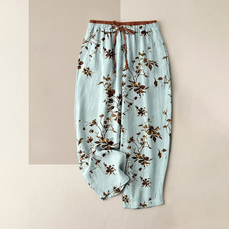Nimara Ritual Pure Cotton Retro Branch Flowers Pattern Elastic Waist Women's Pants With Pockets