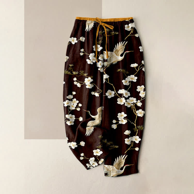 Nimara Ritual Pure Cotton Crane Plum Blossom Elastic Waist Women's Pants With Pockets