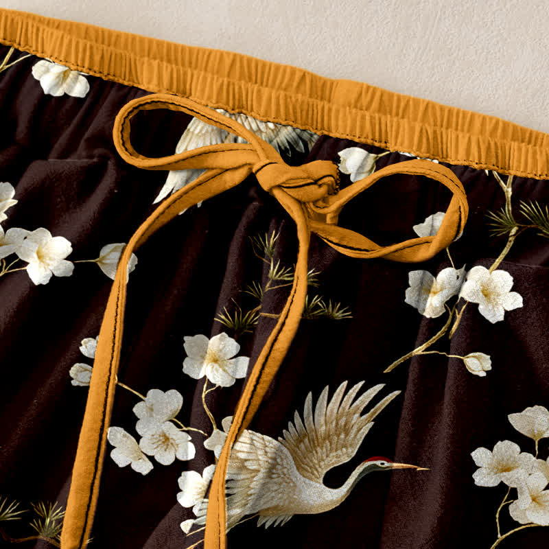 Nimara Ritual Pure Cotton Crane Plum Blossom Elastic Waist Women's Pants With Pockets