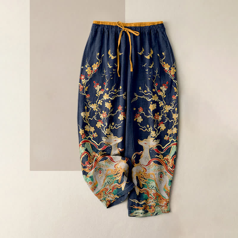 Nimara Ritual Pure Cotton Plum Blossoms Deer Drawstring Women's Pants With Pockets