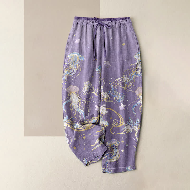 Nimara Ritual Jellyfish Pattern Women's Pure Cotton Elastic Waist Pants With Pockets