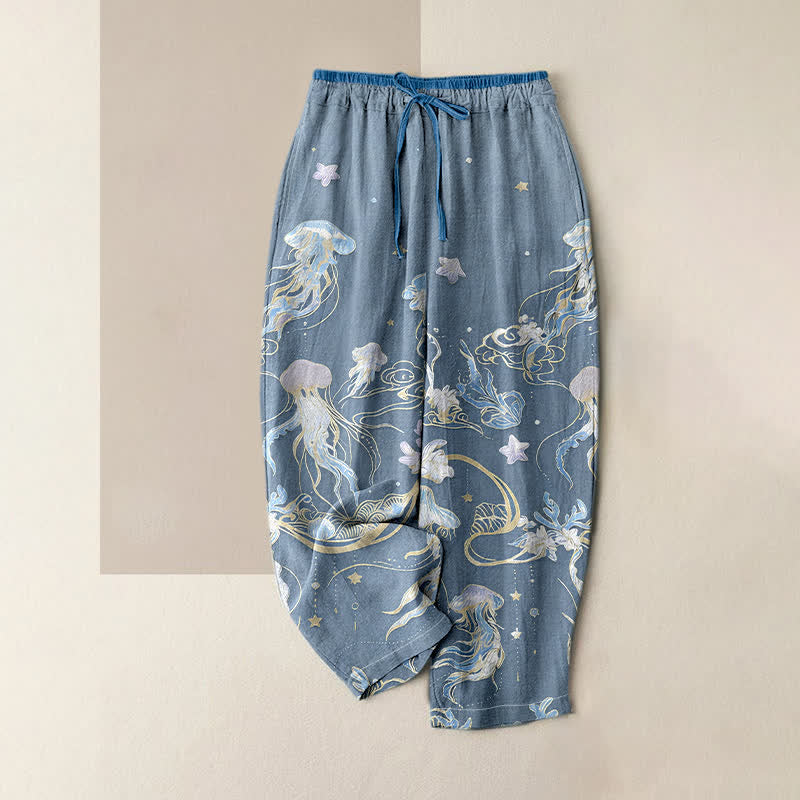 Nimara Ritual Jellyfish Pattern Women's Pure Cotton Elastic Waist Pants With Pockets