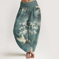 Nimara Ritual Crane Blooming Flowers High Waist Women's Harem Pure Cotton Pants