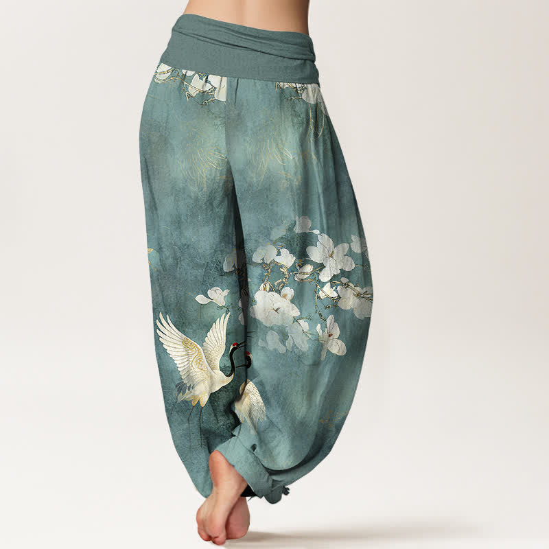 Nimara Ritual Crane Blooming Flowers High Waist Women's Harem Pure Cotton Pants