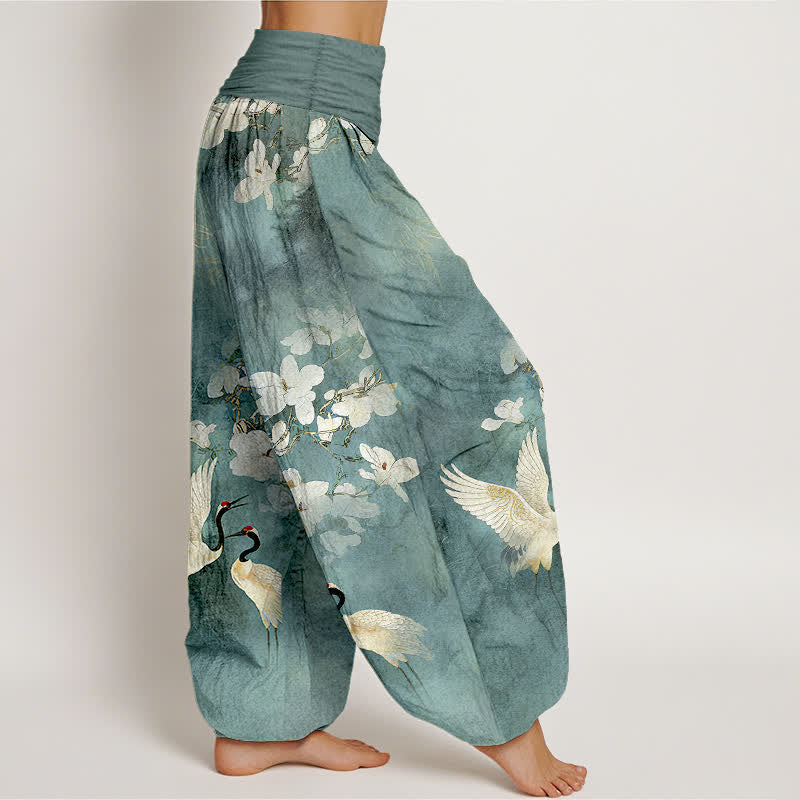 Nimara Ritual Crane Blooming Flowers High Waist Women's Harem Pure Cotton Pants
