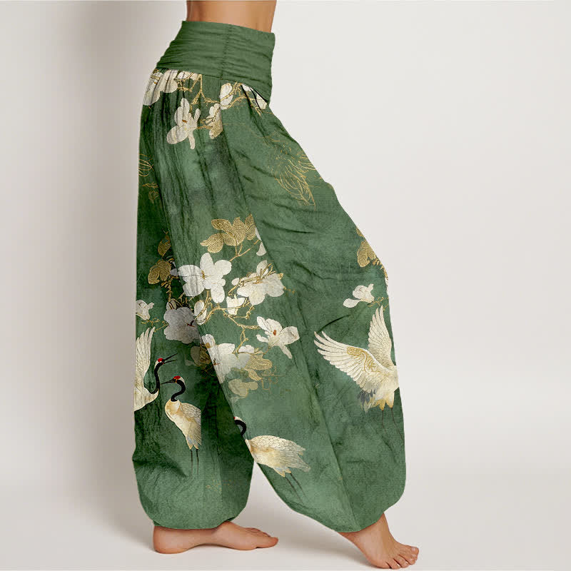 Nimara Ritual Crane Blooming Flowers High Waist Women's Harem Pure Cotton Pants