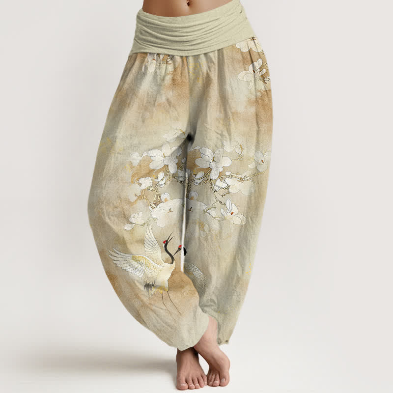 Nimara Ritual Crane Blooming Flowers High Waist Women's Harem Pure Cotton Pants