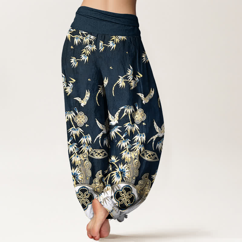 Nimara Ritual Bird Bamboo Pattern Cotton Women's Harem High Elastic Waist Pants