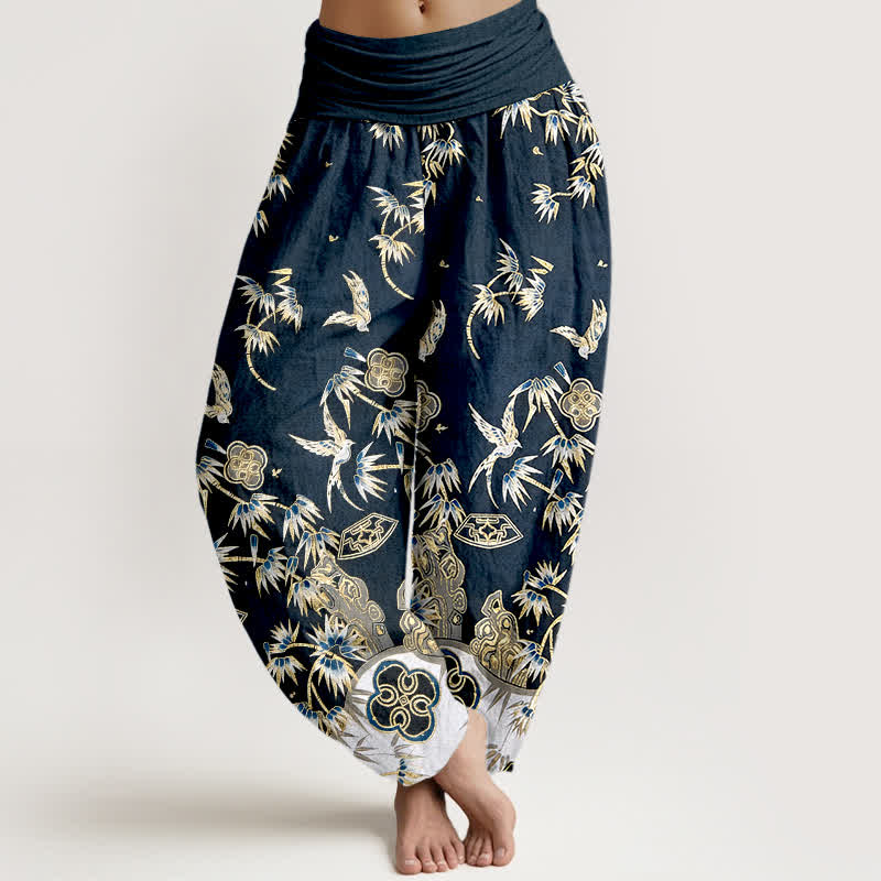 Nimara Ritual Bird Bamboo Pattern Cotton Women's Harem High Elastic Waist Pants