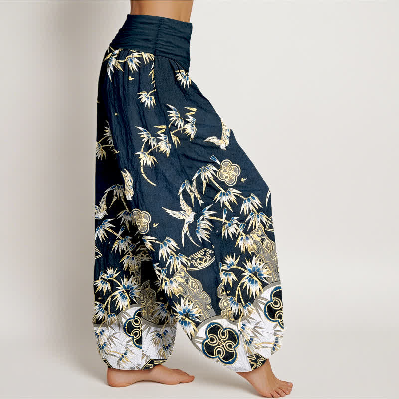 Nimara Ritual Bird Bamboo Pattern Cotton Women's Harem High Elastic Waist Pants