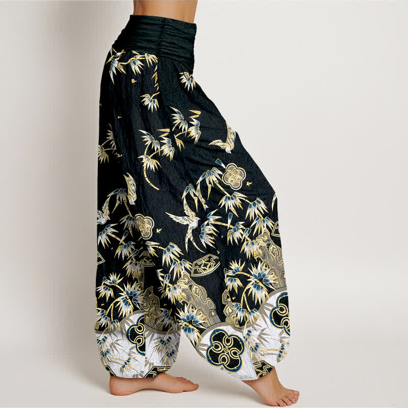 Nimara Ritual Bird Bamboo Pattern Cotton Women's Harem High Elastic Waist Pants