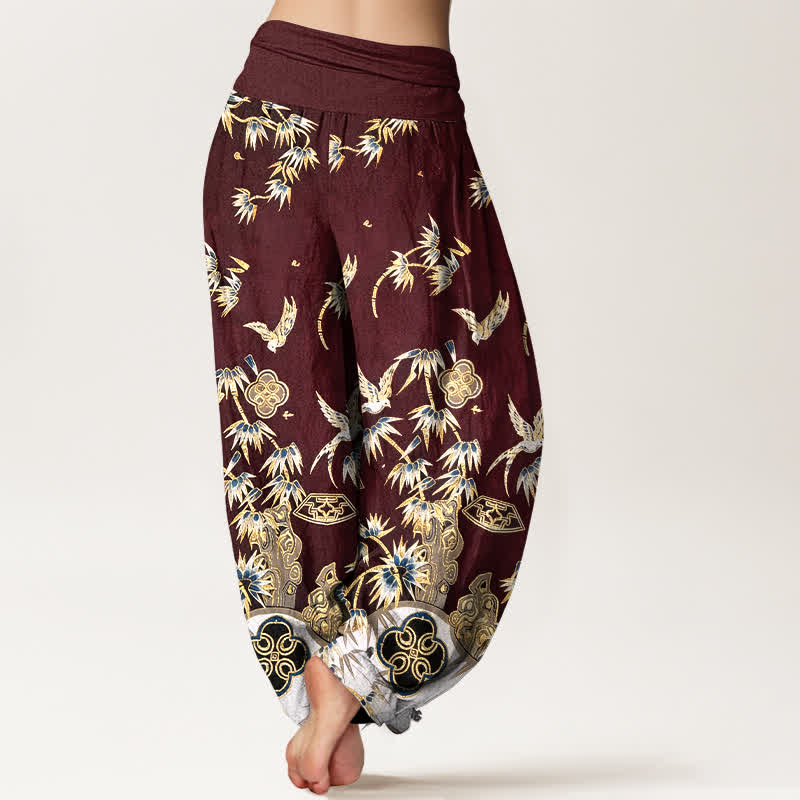 Nimara Ritual Bird Bamboo Pattern Cotton Women's Harem High Elastic Waist Pants