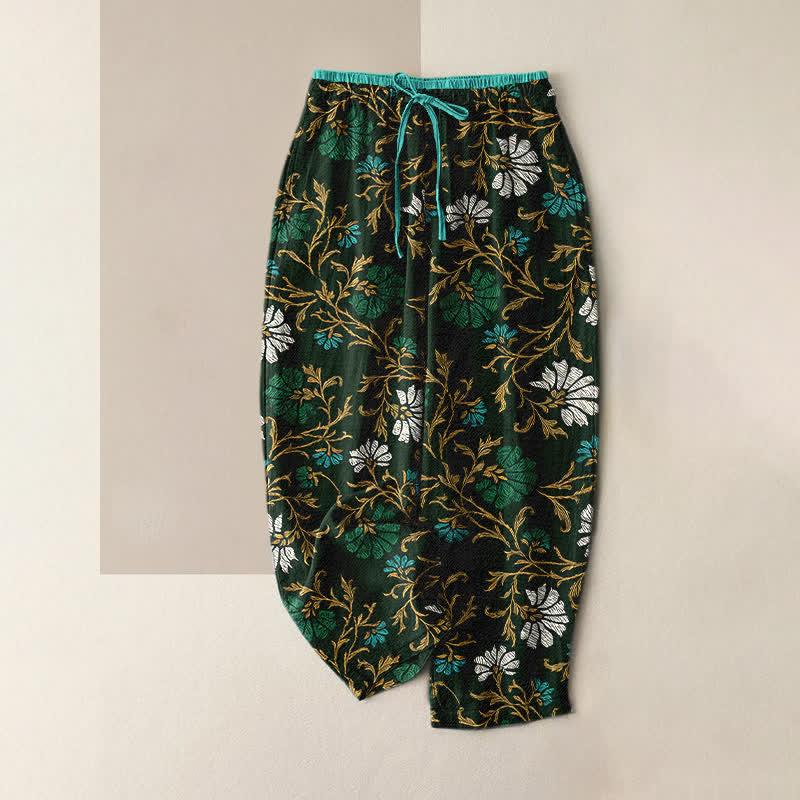 Nimara Ritual Flowersl Vine Elastic Waist Drawstring Women's Cotton Pants With Pockets