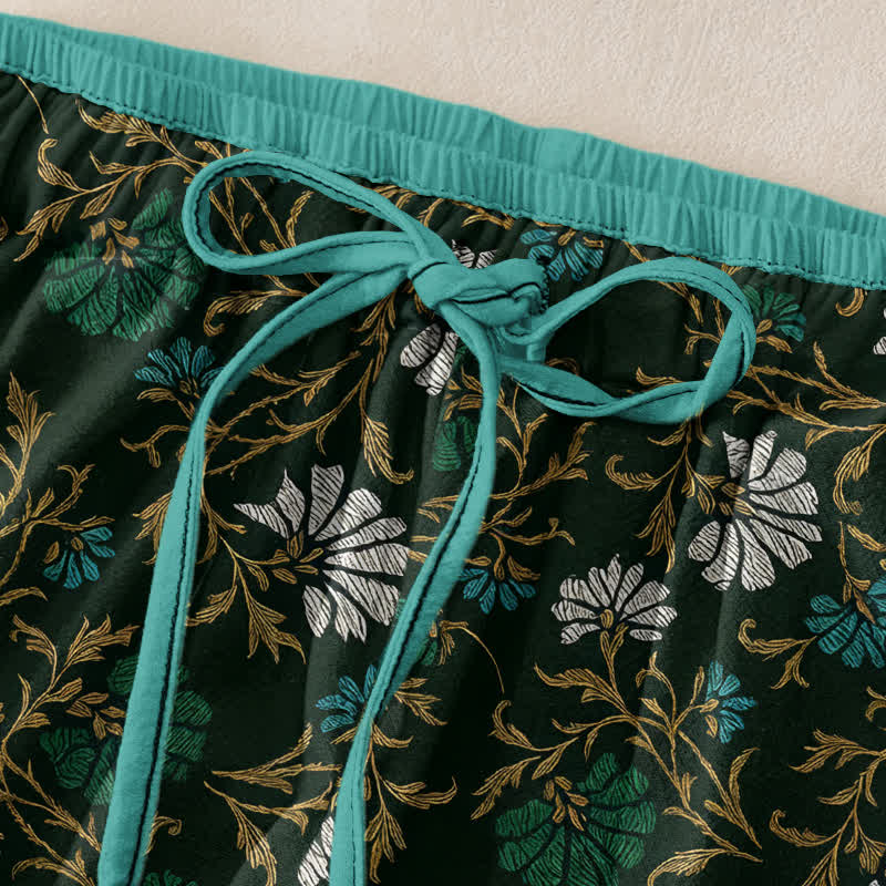 Nimara Ritual Flowersl Vine Elastic Waist Drawstring Women's Cotton Pants With Pockets