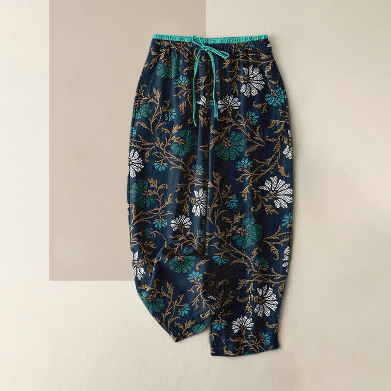 Nimara Ritual Flowersl Vine Elastic Waist Drawstring Women's Cotton Pants With Pockets