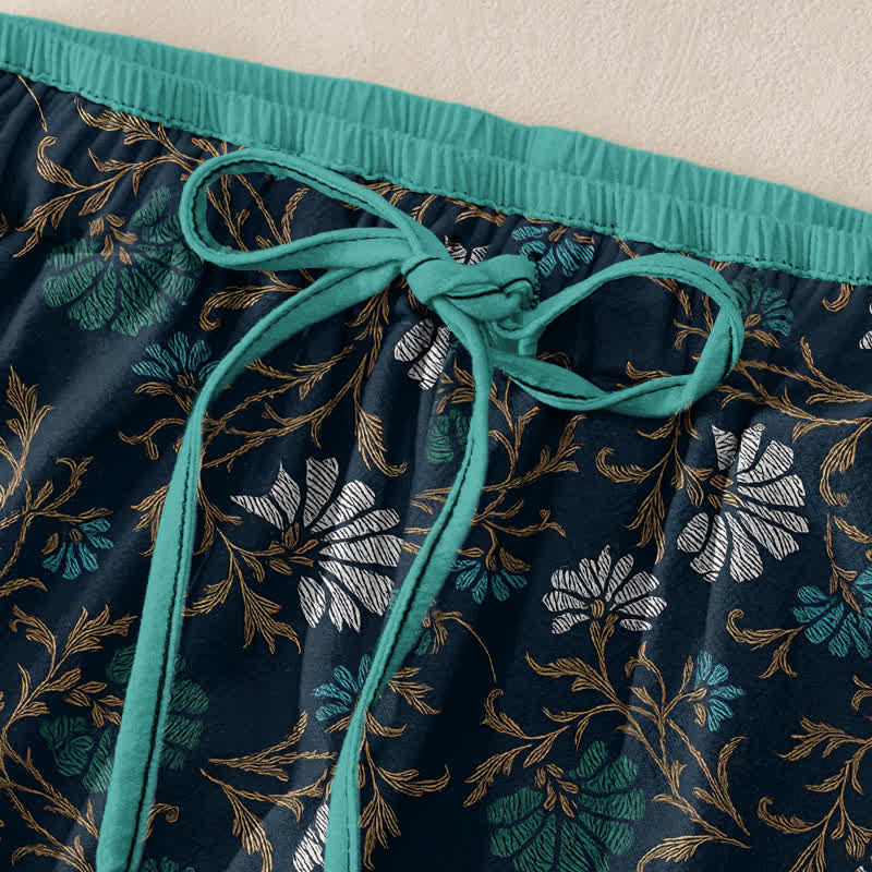 Nimara Ritual Flowersl Vine Elastic Waist Drawstring Women's Cotton Pants With Pockets