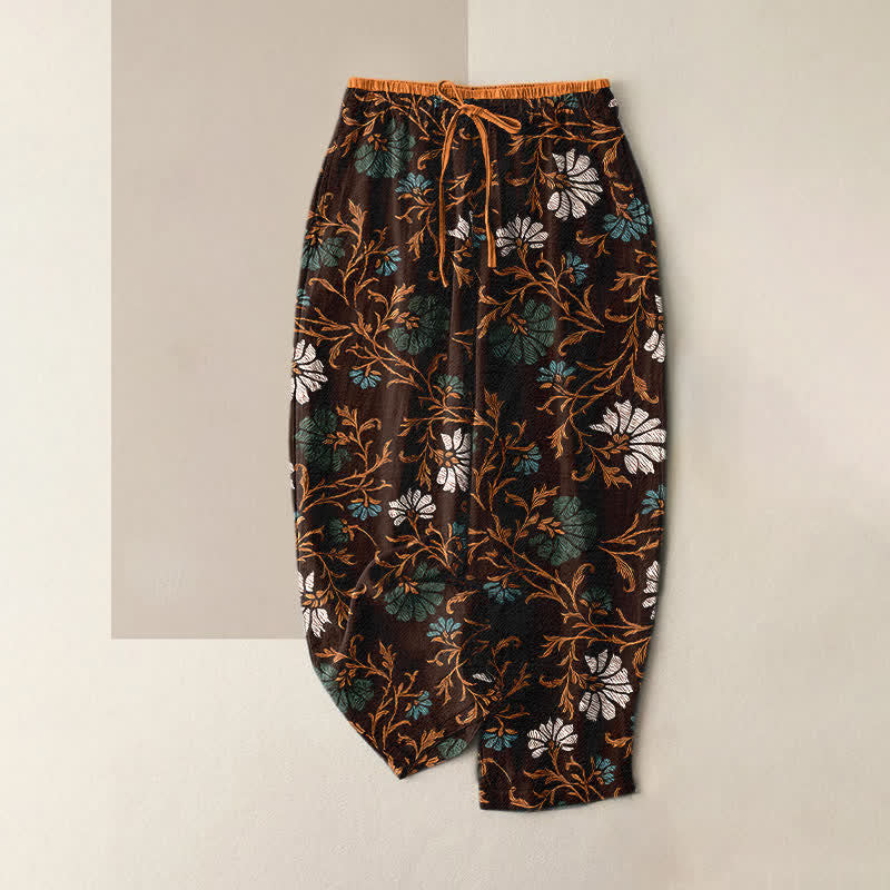 Nimara Ritual Flowersl Vine Elastic Waist Drawstring Women's Cotton Pants With Pockets