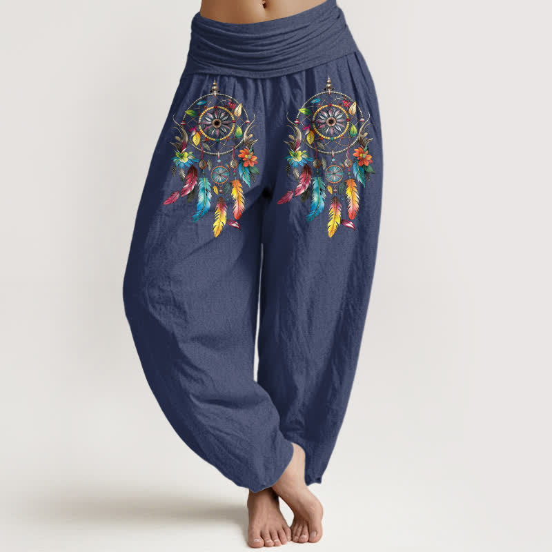 Nimara Ritual Cotton Colorful Double Dreamcatchers Pattern High Waist Women's Harem Pants