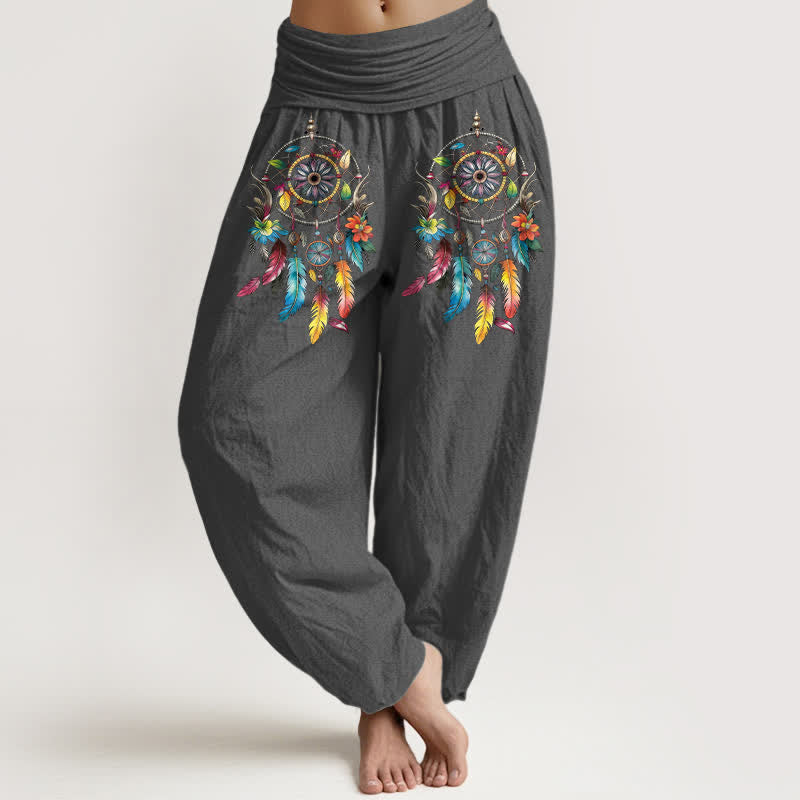 Nimara Ritual Cotton Colorful Double Dreamcatchers Pattern High Waist Women's Harem Pants