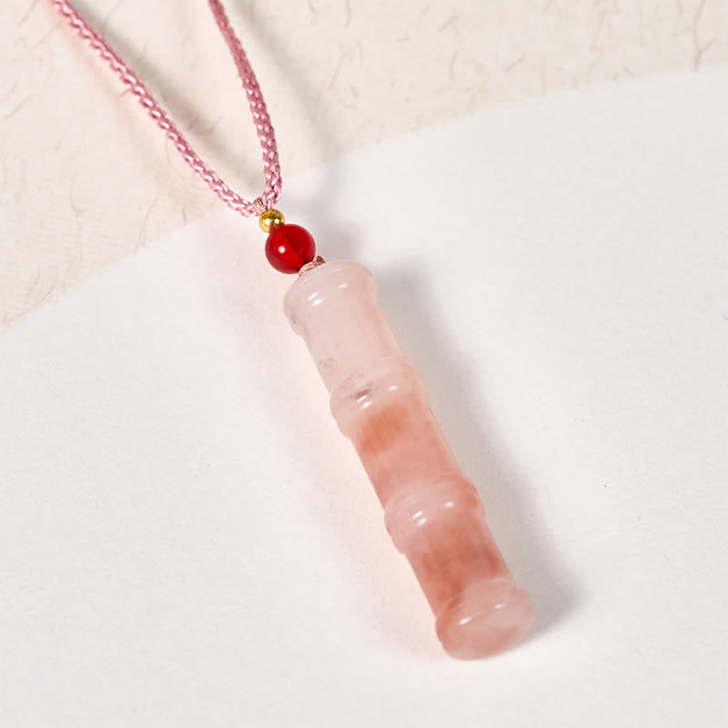 Nimara Ritual Craved Bamboo Natural Pink Quartzite Jade Protection Necklace Pendant