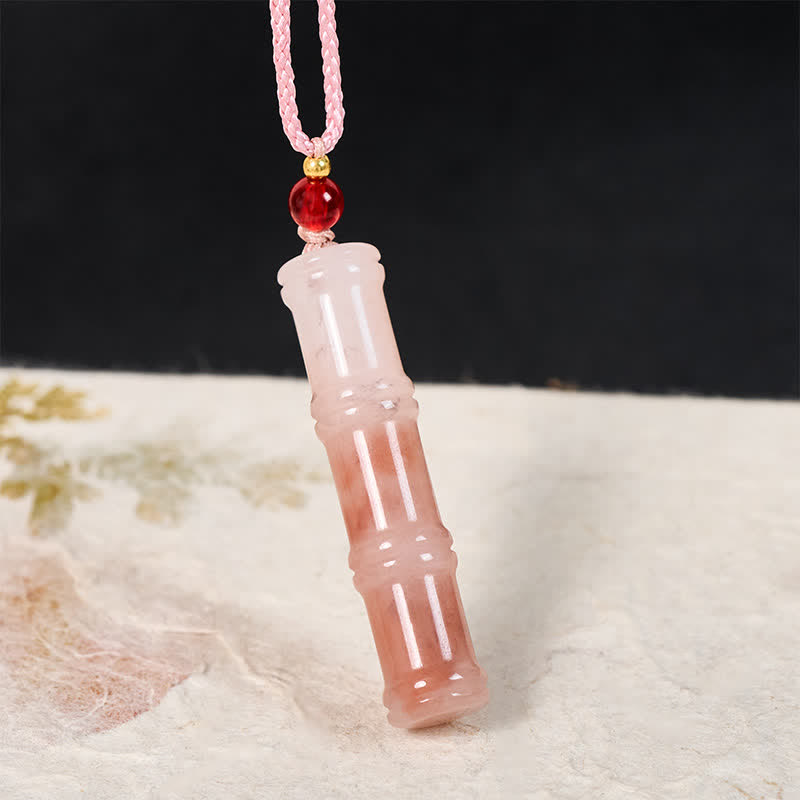 Nimara Ritual Craved Bamboo Natural Pink Quartzite Jade Protection Necklace Pendant