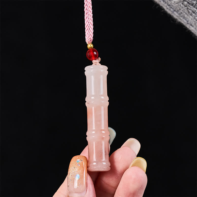 Nimara Ritual Craved Bamboo Natural Pink Quartzite Jade Protection Necklace Pendant