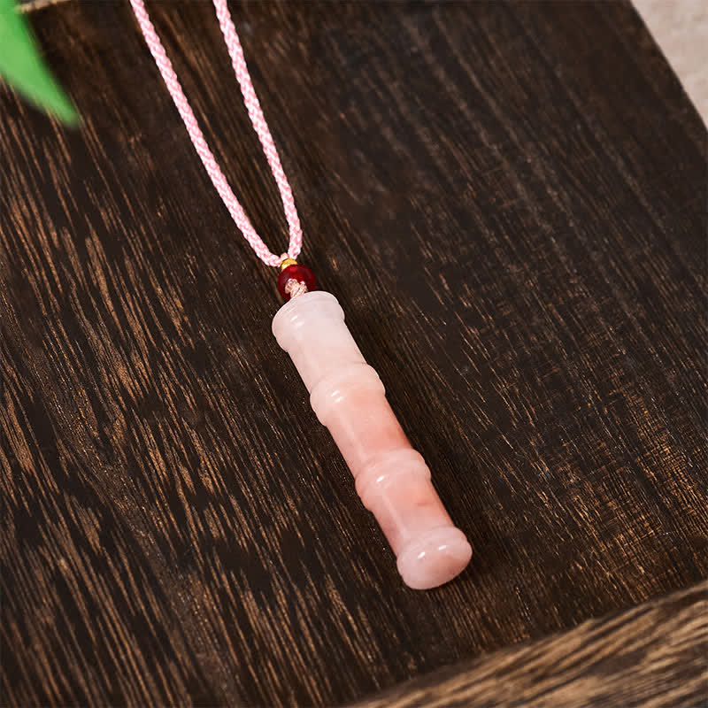 Nimara Ritual Craved Bamboo Natural Pink Quartzite Jade Protection Necklace Pendant