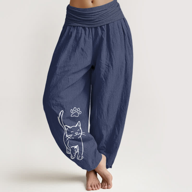 Nimara Ritual Pure Cotton Cute Cat Print Women's Harem Elastic Waist Pants
