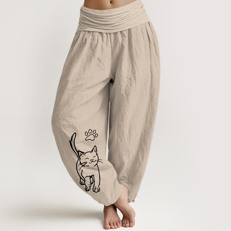 Nimara Ritual Pure Cotton Cute Cat Print Women's Harem Elastic Waist Pants