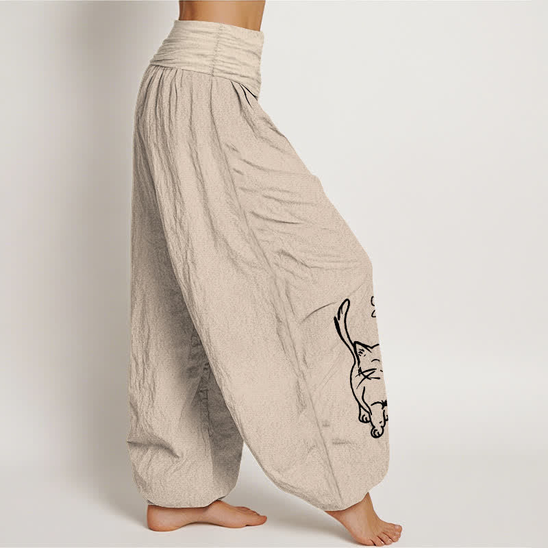 Nimara Ritual Pure Cotton Cute Cat Print Women's Harem Elastic Waist Pants